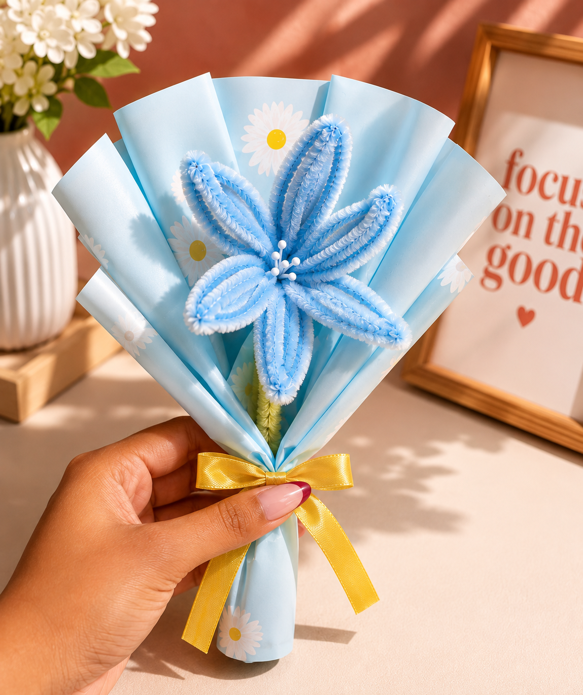 Handmade Blue Chenille Flower Bouquet