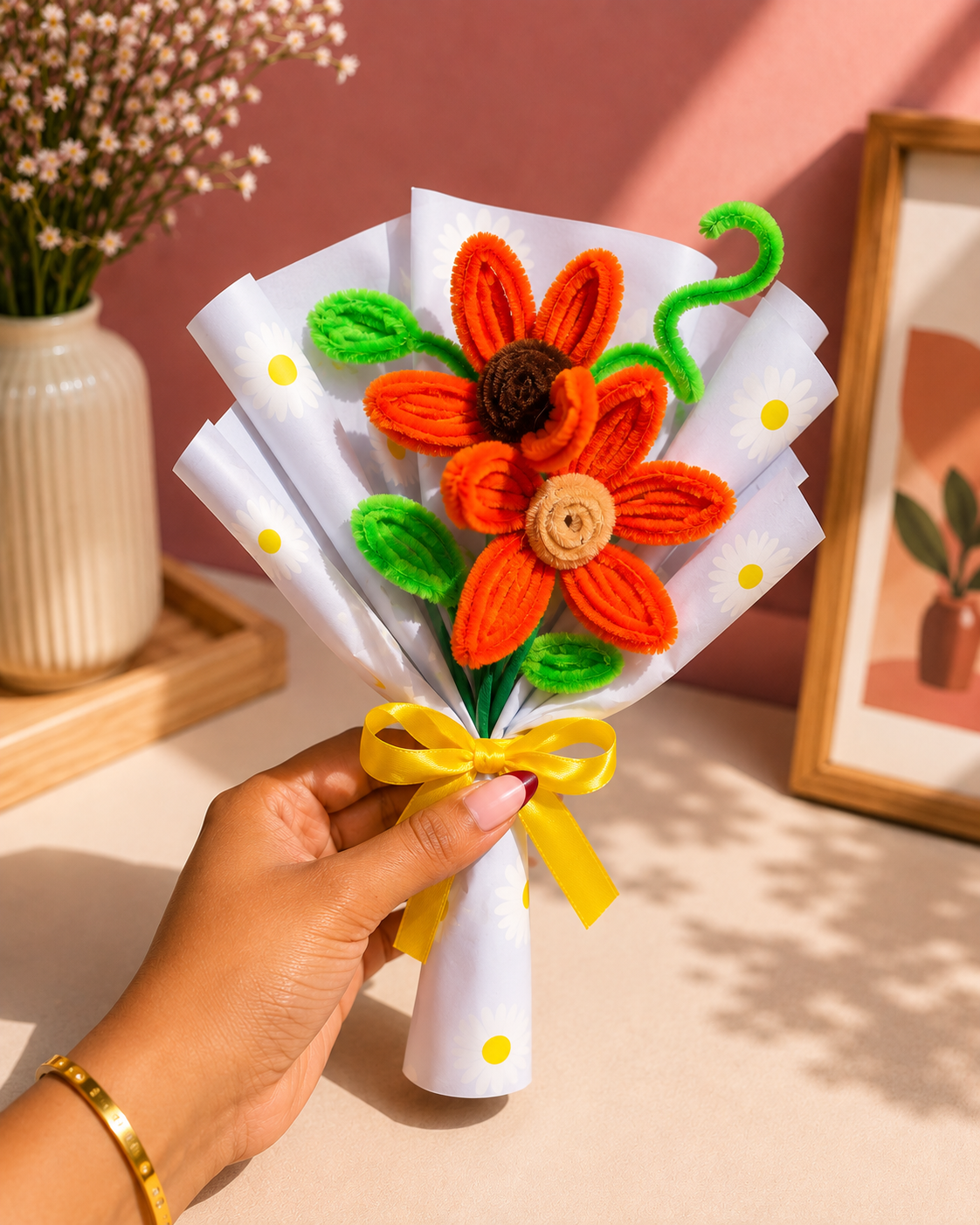 Handmade Orange Chenille Sunflower Bouquet